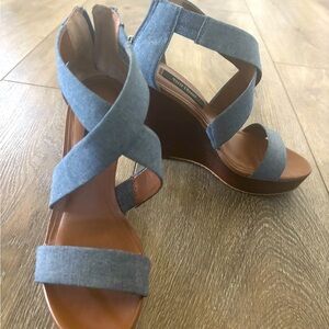 WHBM denim blue strappy wedge size 7